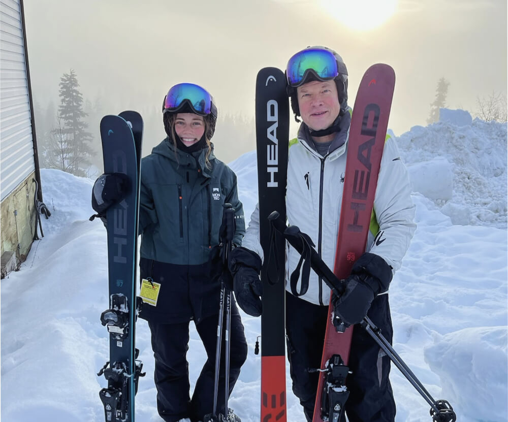 Hali and Greg in ski gear during the Skadi Tour